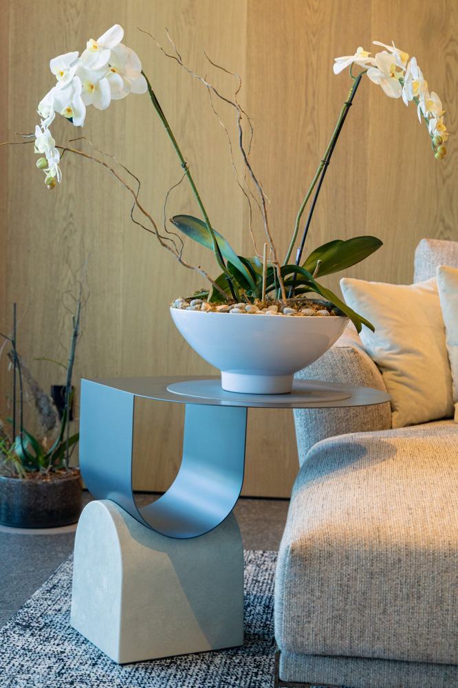 Orquídea sobre mesa lateral junto al sofá